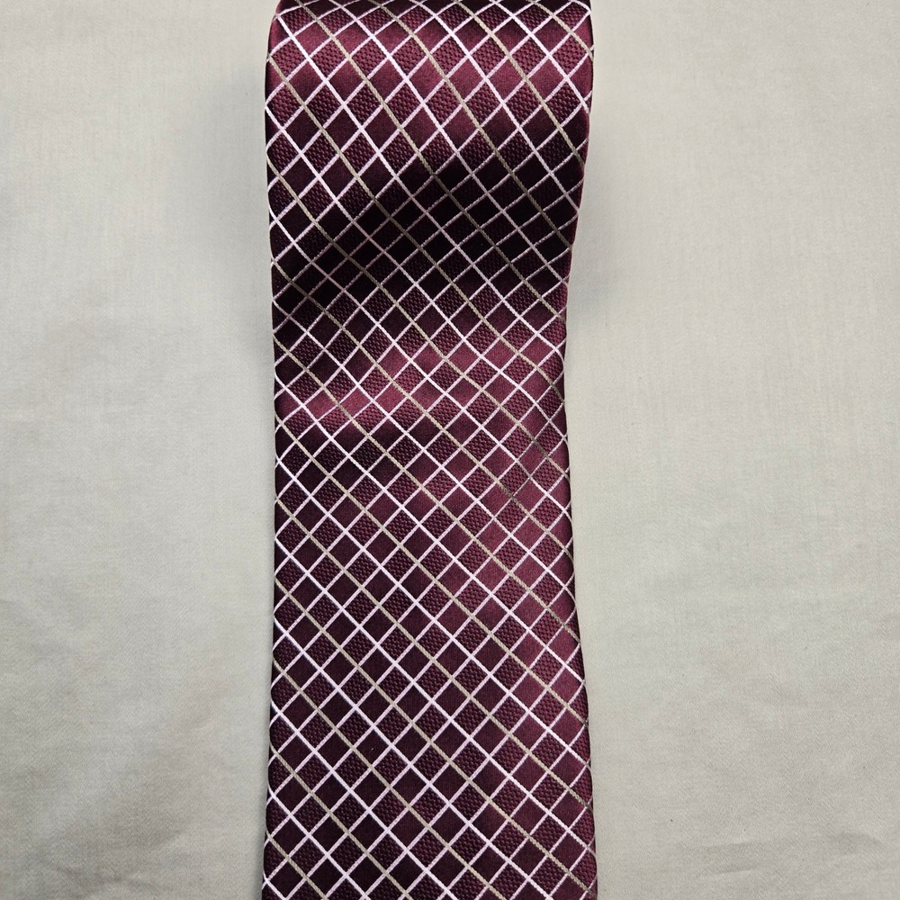 Michael Michael Kors Mens Silk Necktie Burgundy White Gold Grid Pattern 57x3.25 - Picture 3 of 9